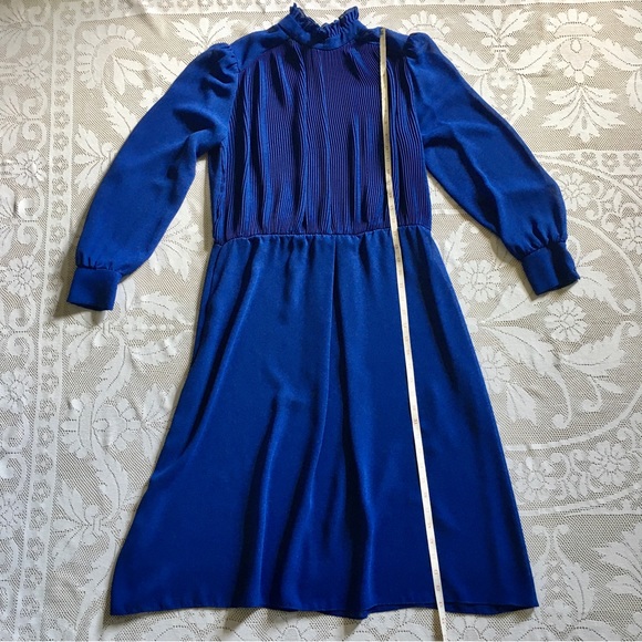Vintage cobalt blue ruffle neck puff shoulder semi-sheer long sleeve midi dress - Picture 4 of 15